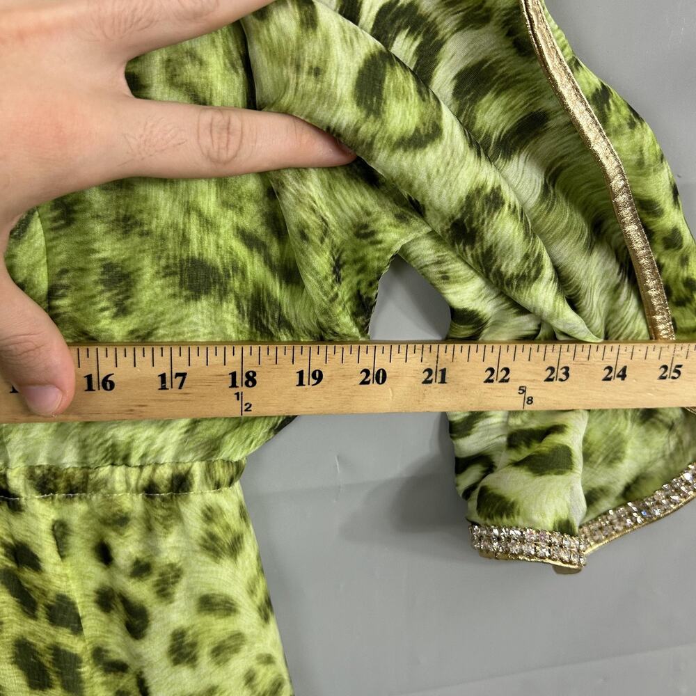 Kasia De Gelaque Dress One Size Kaftan Silk Maxi Leopard Green Rhinestone Boho - Picture 11 of 12